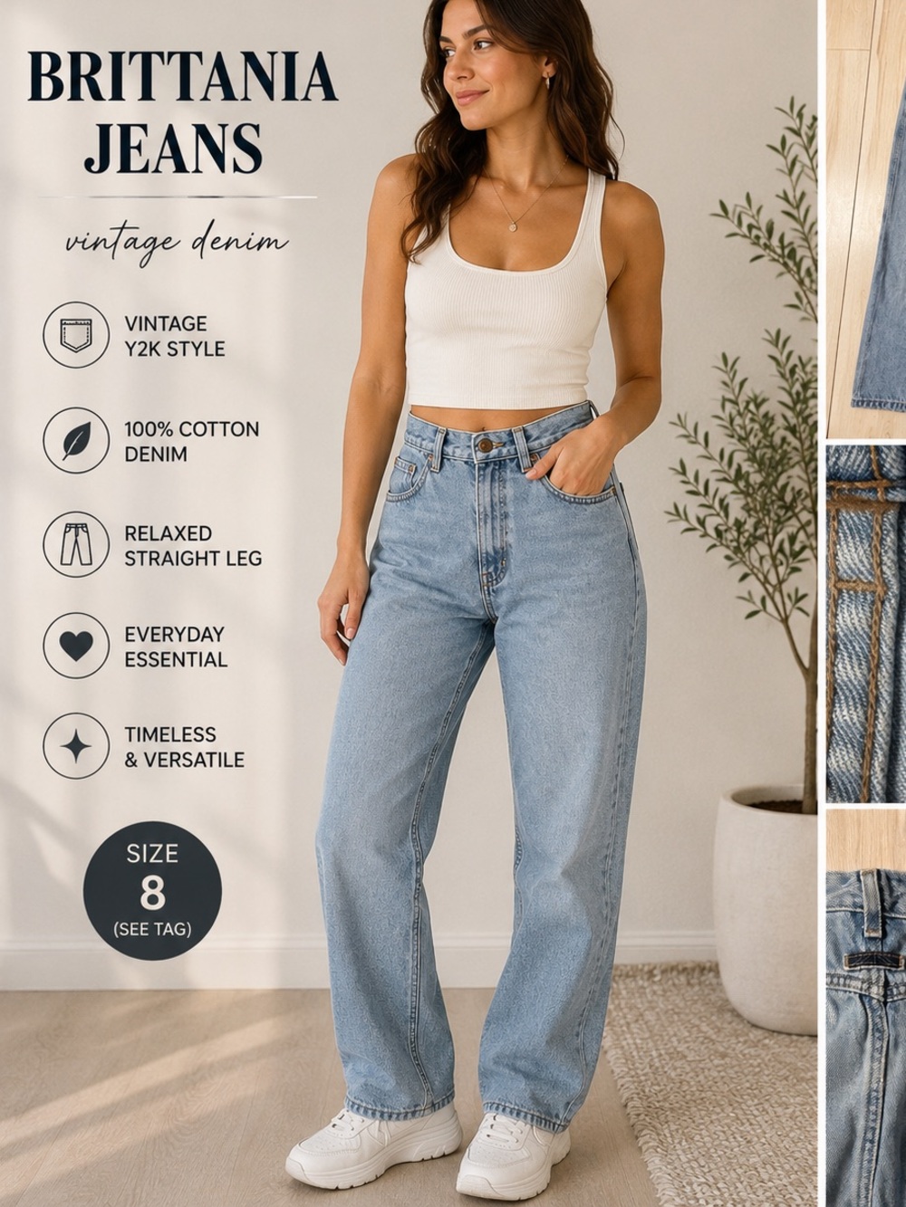 Britannia Women’s Vintage Y2K Light Wash High Rise Relaxed Straight Leg Jeans